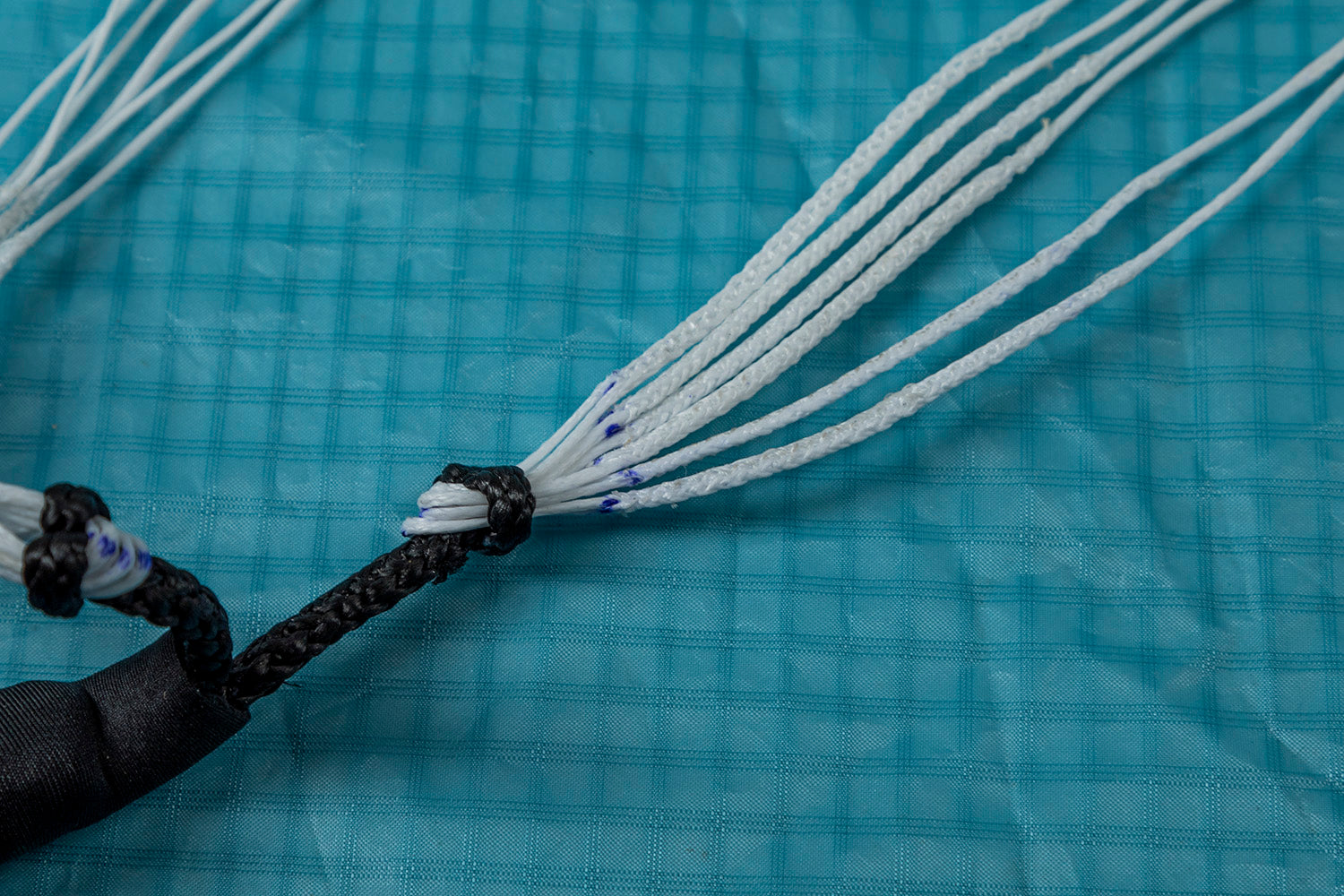 This close-up shows the connection point of a wing foiling parawing, where multiple white braided lines are bundled together with black cord. The lines connect to the handle/control bar and distribute force across the parawing's surface. Small blue markings are visible on some lines, likely for identification during assembly or repairs. The turquoise ripstop fabric forms the parawing's canopy.