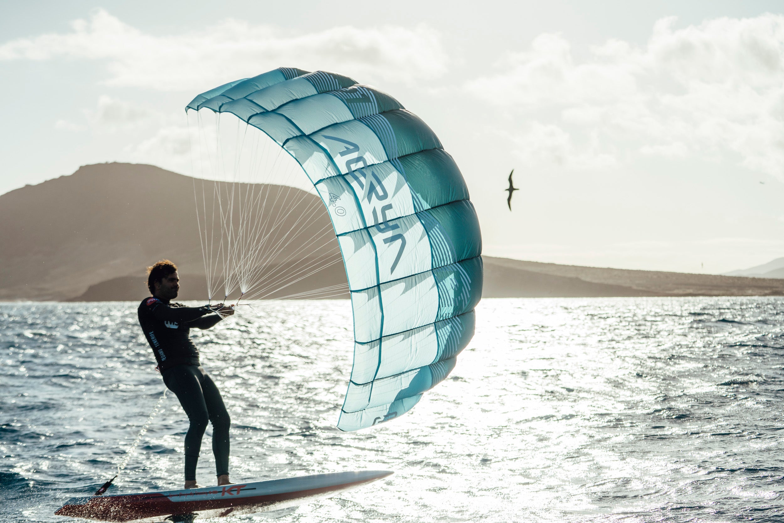 Aeryn P1 parawing catches golden light on sparkling waters. The turquoise wing with distinctive branding stands fully inflated, displaying its aerodynamic shape against mountainous backdrop. A bird soars above, mirroring the wing's flight-like qualities. White control lines connect to the rider as the hydrofoil lifts the board from the water's surface, creating that signature floating effect wing foiling is known for.